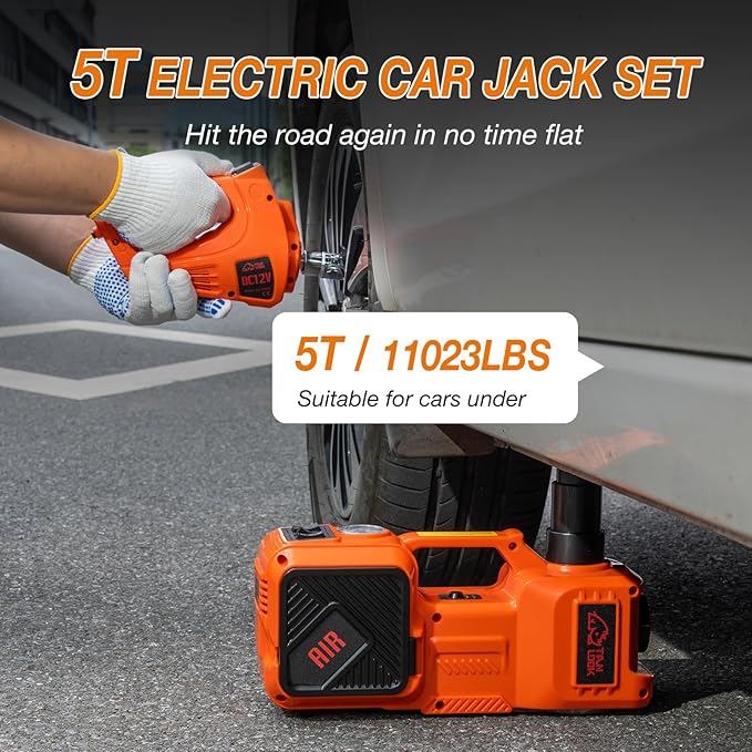 Electric Car Jack Kit with Hydraulic Lift 5-Ton, Tire Inflator & Impact Wrench Heavy-Duty 12V Floor Jack for Sedans,SUVs,MPVs & Trucks.Ideal for Tire Changes & Garage Repairs (with Electric Wrench)