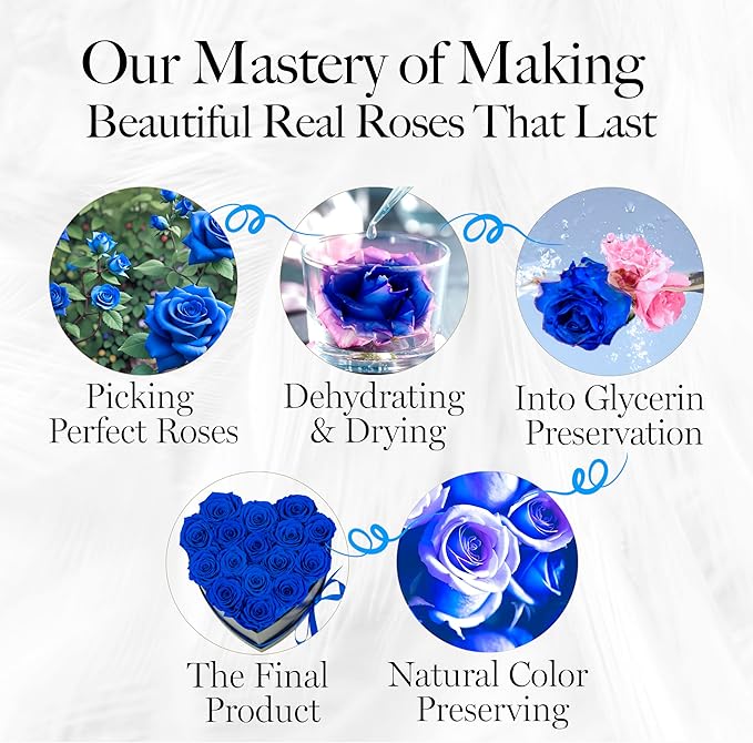 GLAMOUR BOUTIQUE 16 Flower Forever Heart Shape Box, for Mom, Eternal Preserved Roses Gift for Her, Him, Lasting Flowers Bouquet, for Birthday, Anniversary, Blue (Color-Treated)