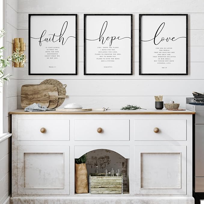 Houmury Set of 3 Framed Farmhouse Bible Verses Wall Decor Sign 11”x14” Christian Faith Scripture Wall Art for Home Living Room Bedroom Wall Decor (11"x14" Black)