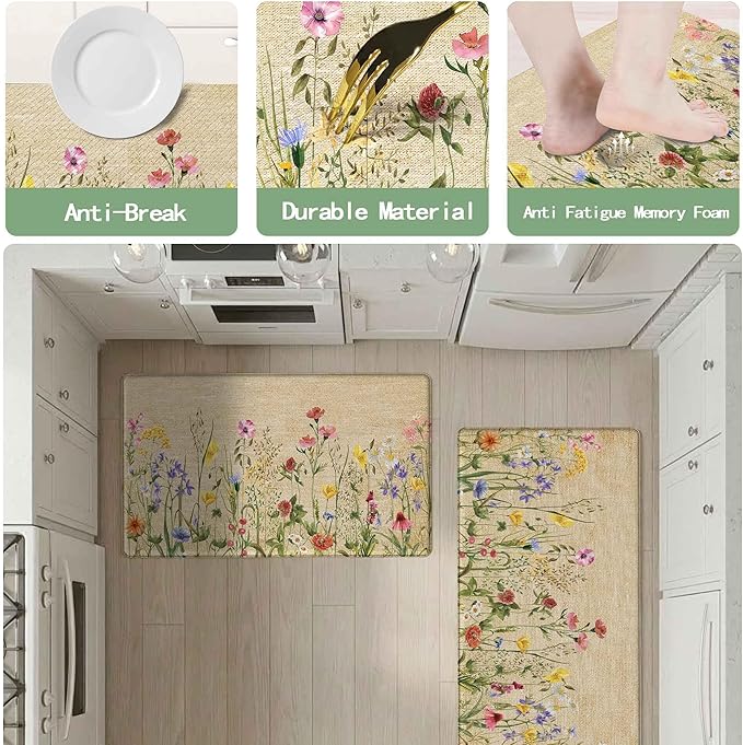 Kitchen Rug Mats for Floor Cushioned Anti Fatigue Floral Kitchen Rugs Sets of 2 Farmhouse Wildflowers Non Slip Waterproof Comfort Memory Foam Standing Floor Mat for Office Laundry Sink Desk