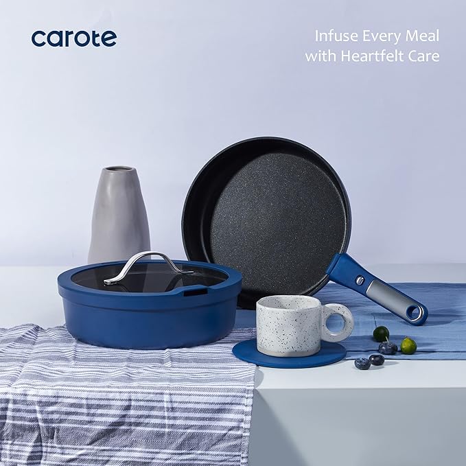 CAROTE 10-Piece Pots and Pans Set, Nonstick Cookware Set Detachable Handle, Frying Pan with Splatter Screen, Oven Safe, Induction Ready, Stackable, Blue