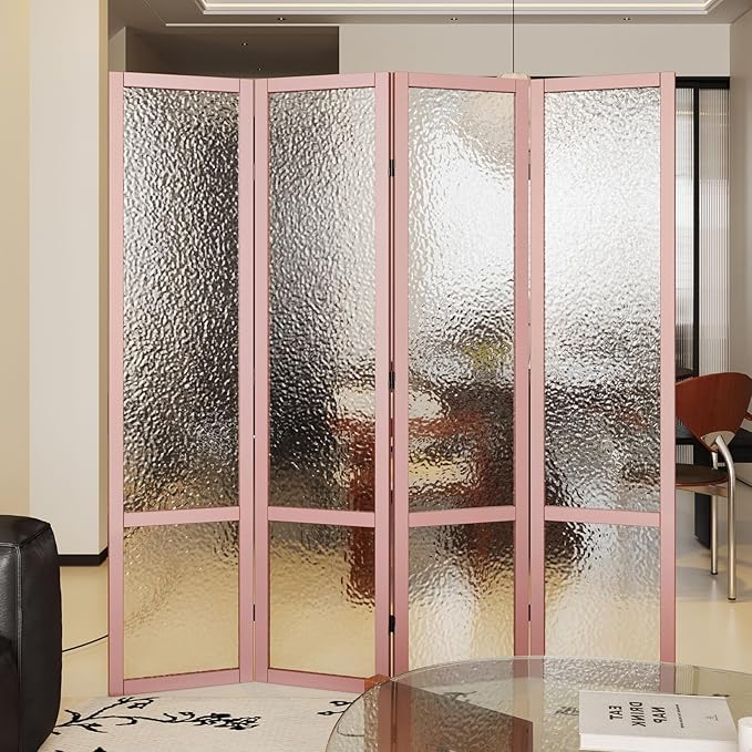 4 Panel Acrylic Room Divider Privacy Screen - Freestanding Frosted Translucent Partition, Lightweight Modern for Home Office Studio (Pink, 4 Panels)