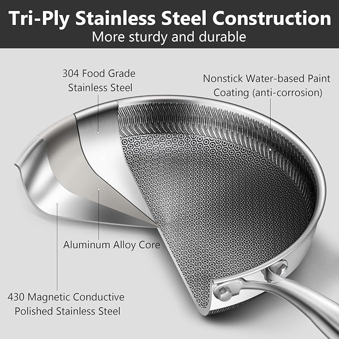 Frying Pans, 12-inch Hybrid Frying Pans Stainless Steel Skillets, Dishwasher & Oven-Safe, Stay-Cool Handle, PFOA Free Cookware, Compatible with All Cooktops