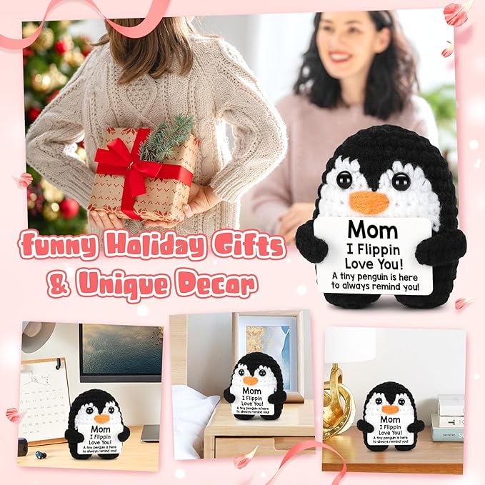 Mothers Day Birthday Gifts for Mom from Daughter Son, Handmade Crochet Mini Penguin Mom Gifts for Mother‘s Day Birthday Mama Mommy Mother in Law Bonus Step, Funny I Love You Moms Small Cute Decor