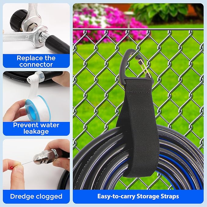 Sewer Jetter Kit for Pressure Washer, 5800PSI Drain Cleaner Hose 1/4 Inch NPT Corner Rotating and Button Nose Sewer Jetting Nozzle Spanner Watertight Tape Pearl Corsage Pin Handle Strap (100FT)