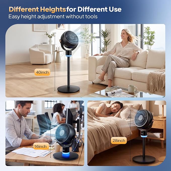 ROVSUN 3-in-1 Standing Fan for Bedroom, 40" Pedestal & Tabletop Fan, 120°+90°Omni-directional Oscillating Fan with Remote, Mood Lighting, 3 Speeds, 12H Timer and Adjustable Height, Black 2-Pack