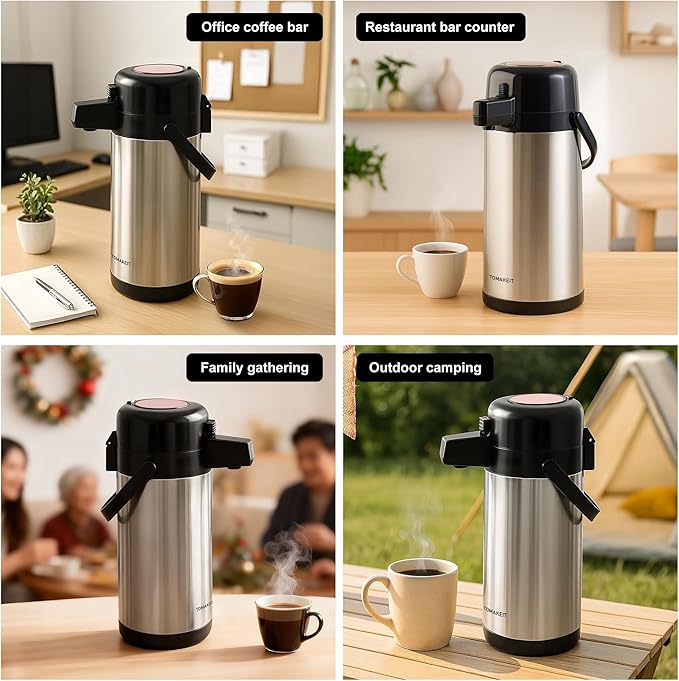 TOMAKEIT Airpot Coffee Carafe for Keeping Hot,102oz/3L Coffee Dispenser Thermal with Pump,Insulated Stainless Steel Hot Beverage Dispenser for Parties,Thermal Carafe for Hot Drinks Water Tea Chocolate