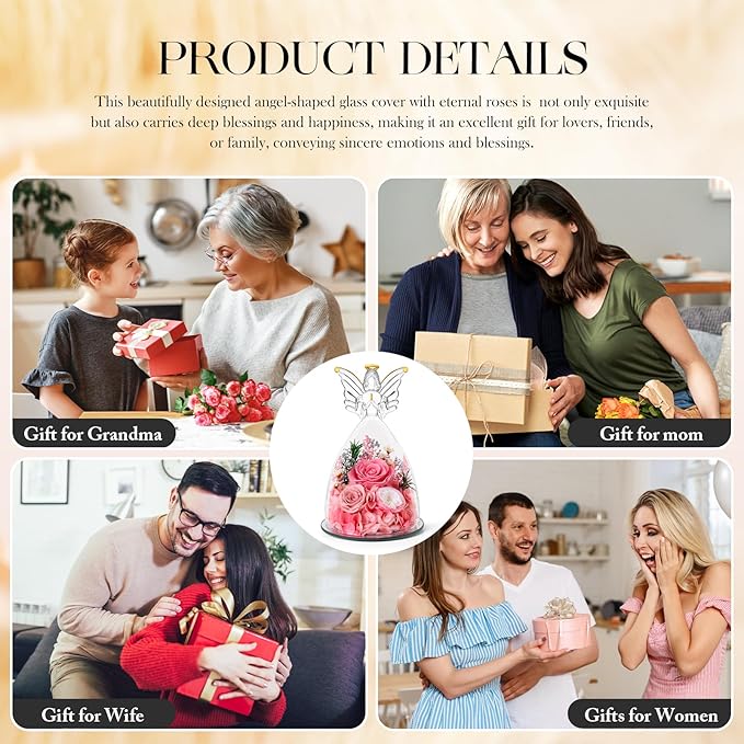 Mothers Day Roses Gifts for Mom Forever Preserved Real Roses Flowers in Glass Angel Figurines Fresh Flowers for Delivery for Grandma Women Mom Wife from Daughter/Pink