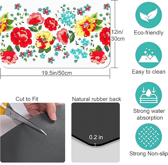 Coffee Bar Mat Accessories for Countertop Pioneer Flower Absorbent Hide Stain Rubber Backed Dish Drying Mats for Kitchen Counter Draining Pad Decor Gift Fit Under Coffee Maker (20x12in)