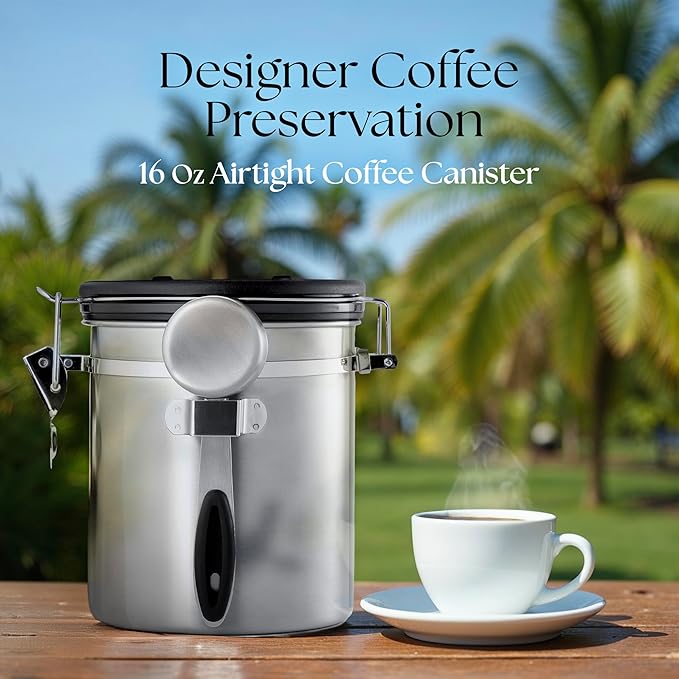 Mixpresso 16 Oz Stainless Steel Coffee Canister with Scoop and Window – Airtight Coffee Container with CO2 Valve for Bean Storage, Date Tracker Lid