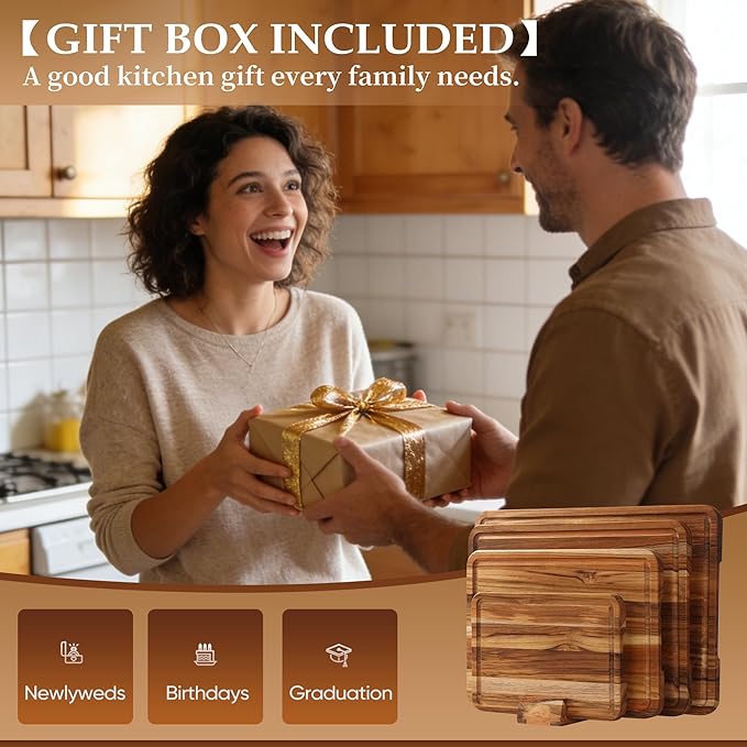 4 Pack Teak Cutting Board Set for Kitchen Wood Cutting Board Heavy Duty Non Toxic Non Slip Solid Thick Wooden Chopping Board
