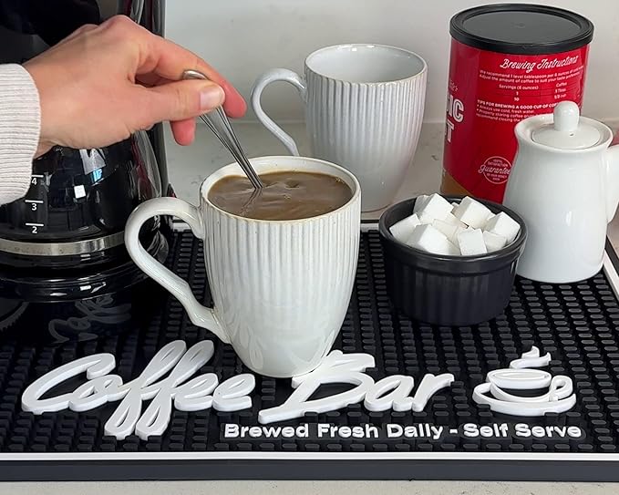 Brewed Fresh Daily Silicone Coffee Bar Mat 18x12 in, Self Serve Coffee Station Sign Mat, Hostess Gift, Farmhouse Kitchen Decor, Non-Slip Espresso Machine Mat, Barista Accessories