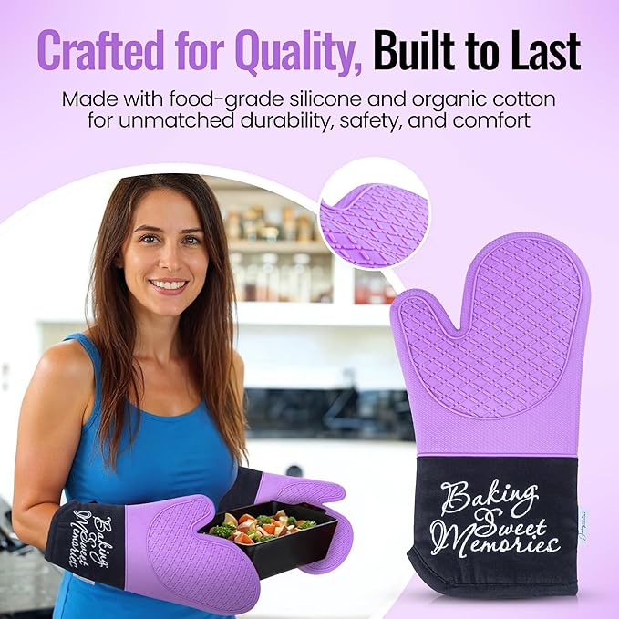 Mitts - Long Slip Resistant Pot Holders - Silicone Oven Mitts - Baking Gloves for Oven - Perfect for Baking, BBQ, Cooking, and Grilling, Oven Mitts Set of 2, 7''x13'' (Purple)