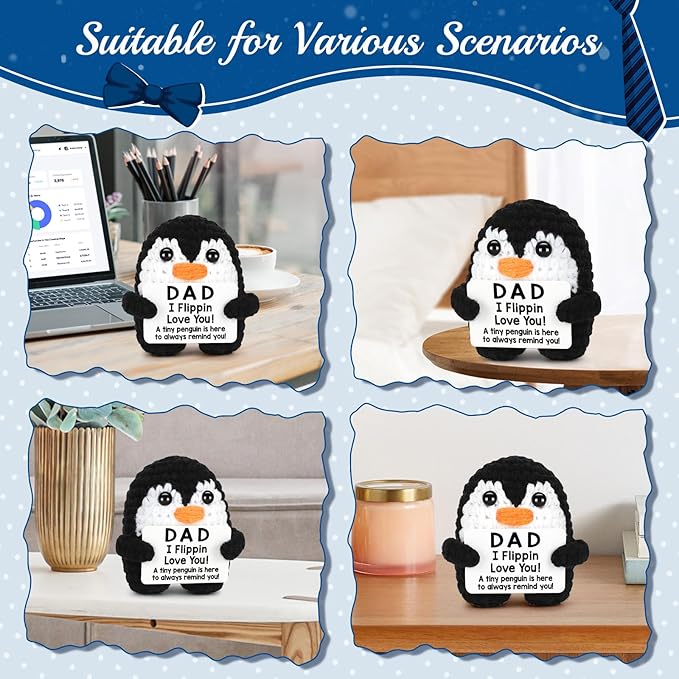 CryCarrot Dad Gifts from Daughter Son Birthday Fathers Day, Handmade Crochet Penguin Dad Birthday Gifts, Mini Funny I Love You Gift for Dads Bonus Step Father Mens Father's Day Christmas Cute Decor
