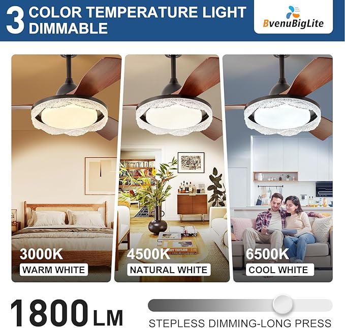 Ceiling Fans with Lights and Remote: 42-Inch Ceiling Fan 3 Blades Round Crystal Low Profile Outdoor - Walnut Ceiling Fans with Remote Control Quiet Reversible DC Motor for Living Room