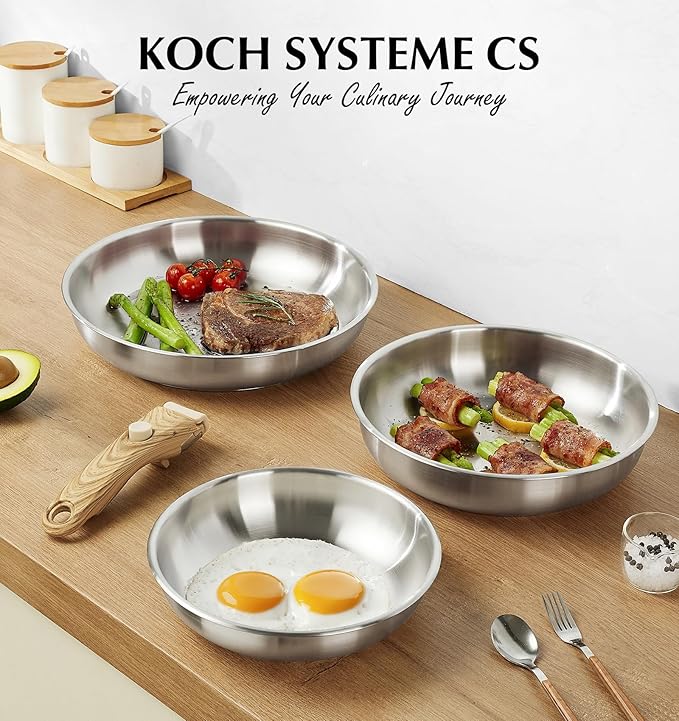 KOCH SYSTEME CS Stainless Steel Frying Pan Set, 8" & 9.5" & 11" 18/10 Stainless Steel Pan Set with Stylish Removable Handles, Tri-Ply Steel Base for Rapid Heating, Induction Compatible Camp Pan