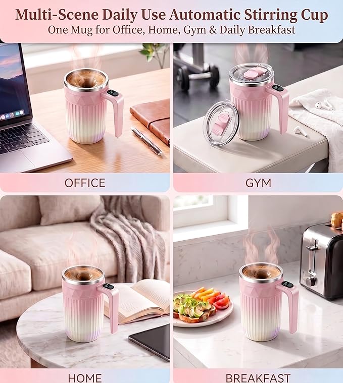 Self Stirring Coffee Mug 13.5 Oz with Lid, 316 Stainless Steel Automatic Magnetic Mixing Cup with a Built-in Lcd Thermometer (Gradient Crystal Pink)