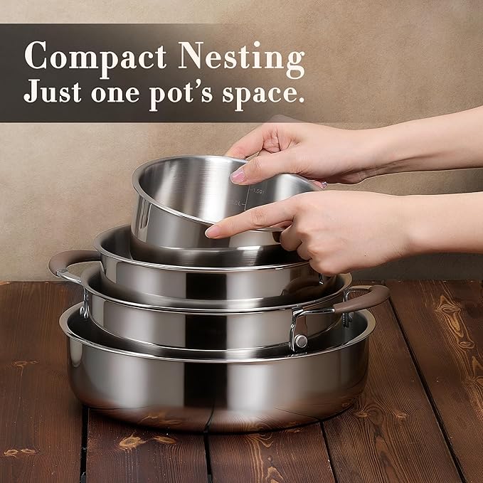CAROTE 13 PCS Tri-Ply Stainless Steel Cookware Set with Detachable Handle, Pots and Pans Set, Induction Kitchen Cooking Sets, RV/Camping Cookware, Oven Safe