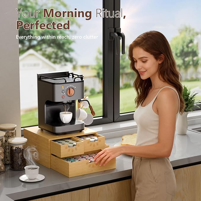 Coffee Pod Drawer, Wooden K Cup Holder with Tree Shape Mug Holder and Side Storage Box, 2-Tier K Pod Drawer Coffee Maker Machine Stand(80 Kcups+60 Tea Bags Capacity)