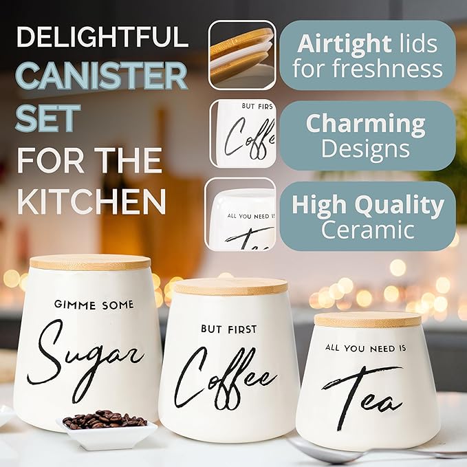 Coffee Tea and Sugar Ceramic Canister Set with Bamboo Lids - 3-Piece Airtight Kitchen Canisters for Countertop - Coffee Bar Container Set, Off-White