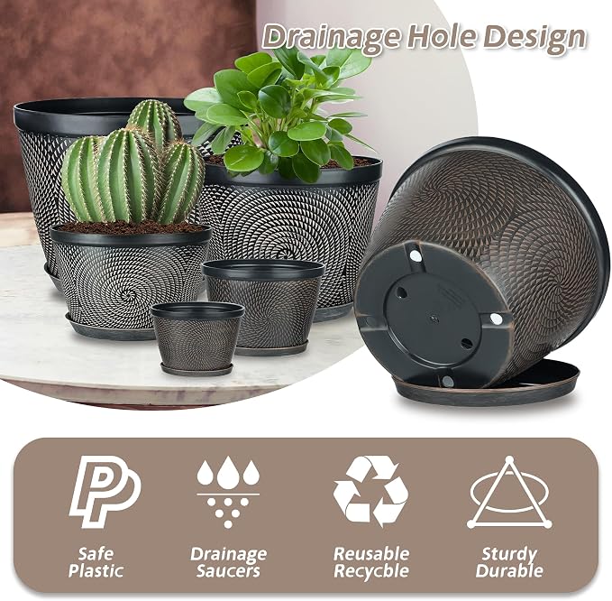 Quarut 10 Inch Flower Pots,3 Pack Planters for Outdoor Indoor | Plastic Plant Pots with Drainage Hole & Tray, Modern Decorative Garden Pot with Saucer, planters for House (Drak Bown)