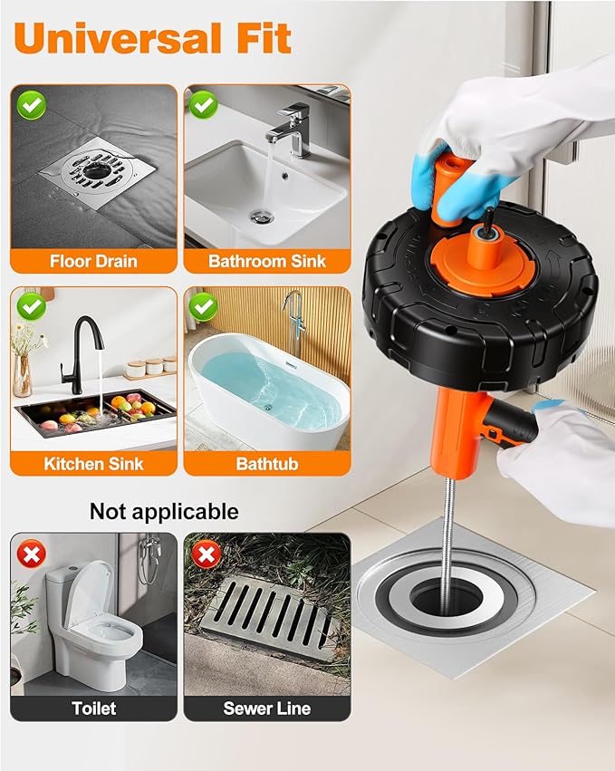 Drain Auger 25 ft, Auto Feed Plumbing Snake Hair Clog Remover with Drill Adapter, Heavy Duty Drain Cleaner Tool Kit with Gloves & Brush for Kitchen Sink Shower Bathtub Bathroom Toilet Clog Removal