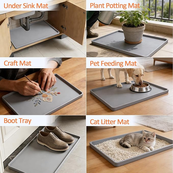 TOHONFOO Silicone Coffee Maker Mat with Lip, 15.7'' x 11.8'' Heavy Duty Coffee Maker Mat for Countertops, Coffee Tray Fit Under Coffee Machine Appliance Automatic Machines Espresso Accessory, Grey