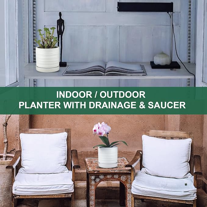 HERDUK 6 Inch Plant Pots, Ceramic Planter Pot with Drainage Hole & Saucer, Indoor/Outdoor Cylinder Round Planter Pot, Matte White