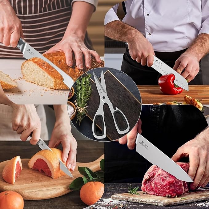 imarku 14-Piece Knife Set with Block, Built-in Sharpener, High Carbon Stainless Steel Kitchen Knives, Dishwasher Safe, Rust Resistant, Non- Slip Handle–Gift for Home Cooks & Chefs, White