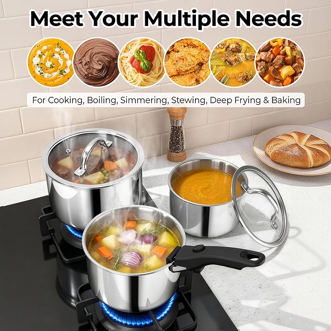P&P CHEF Tri-Ply Cooking Pots and Sauce Pans, 9Pcs Stainless Steel Cookware Set with Removable Handle, Induction 2Qt Saucepan, 3Qt Small Pot & 4Qt Stock Pot, Oven & RV Safe to 500℉, Dishwasher Safe