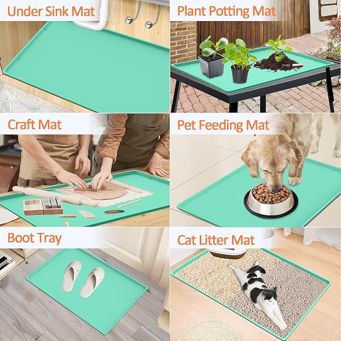 Silicone Coffee Maker Mat with Lip, 19.7'' x 15'' Heavy Duty Coffee Maker Mat for Countertops, Coffee Tray Fit Under Coffee Machine Appliance Automatic Machines Espresso Accessory, Mint Green