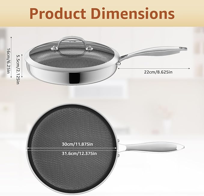 LOLYKITCH 12 Inch Nonstick Frying Pan with Lid, Stainless Steel Hybrid Skillet for Indution, Detachable Handle, Dishwasher and Oven Safe, PFOA Free Pans for Everyday Cooking