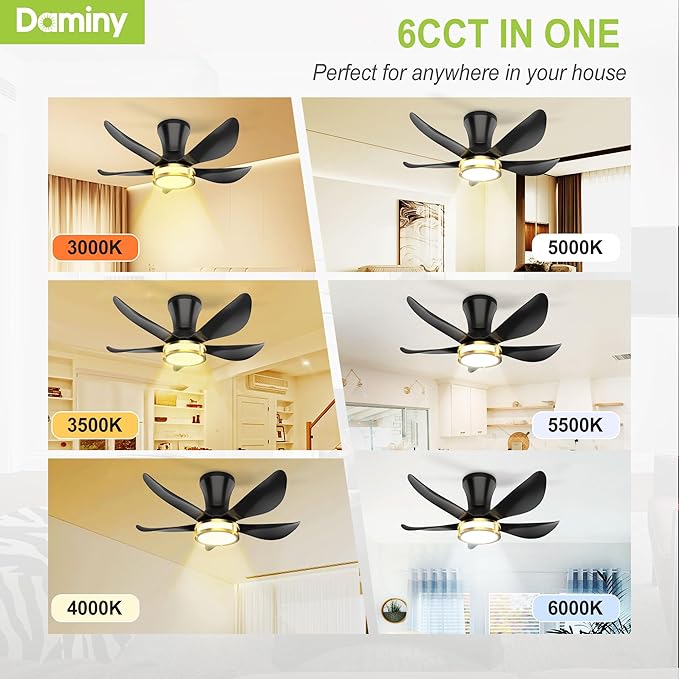 DAMINY 30 Inch Black and Gold 5 Blade Ceiling Fan with Light, Modern Ceiling Fan with Remote,Large Airflow,Flush Mount,6CCT,Dimmable,Noiseless,Bedroom