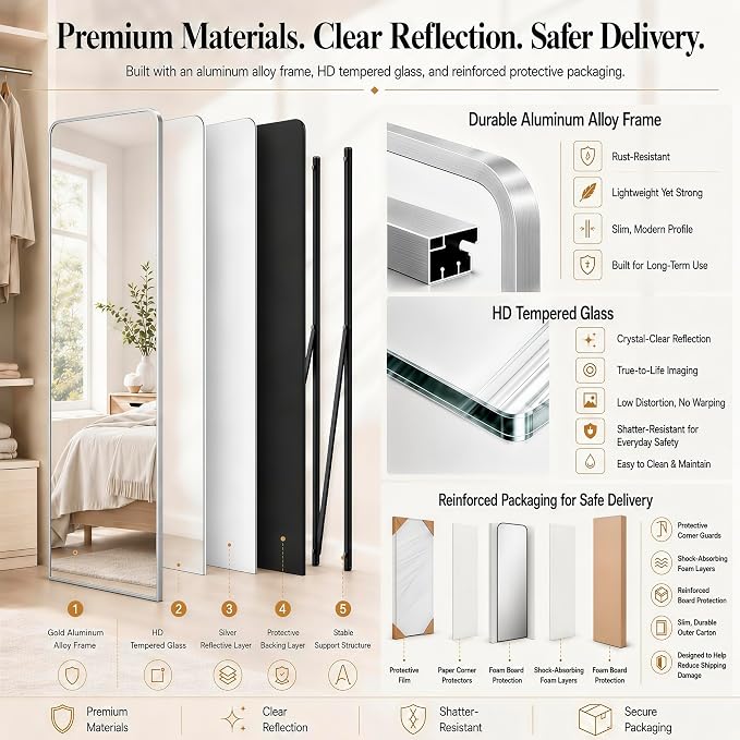 SCWF-GZ 57x20 Full Length Mirror Over The Door Hanging, Floor Stand/Wall Mounted Aluminum Alloy Frame Dressing Mirror for Bedroom Living Room 57 inch Silver