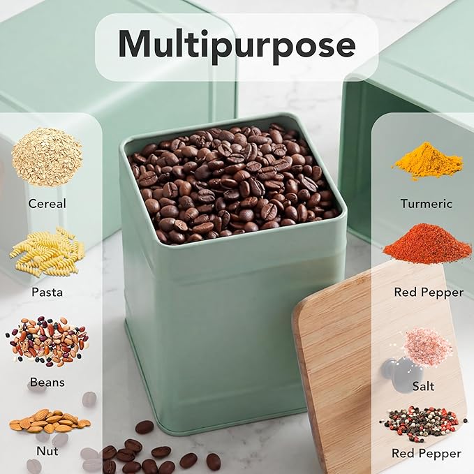 PERFNIQUE Kitchen Canisters, Airtight Canister Sets of 4 for Kitchen Counter, Sage Green Kitchen Accessories, Coffee Tea Sugar Flour Spice Tin Jars Food Storage (Sage Green)