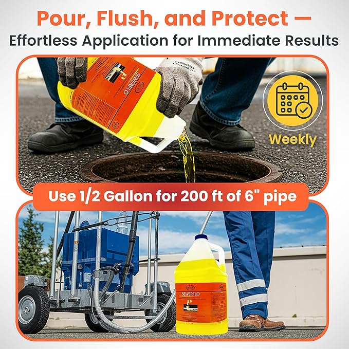 SewerFlo Main Line Sewer Drain Cleaner Heavy Duty, Clears Sand, Silt and Mud from Catch Basins, Breaks Up Clogs & Keeps Particles in Suspension, Safe & Concentrated (1 Galon)
