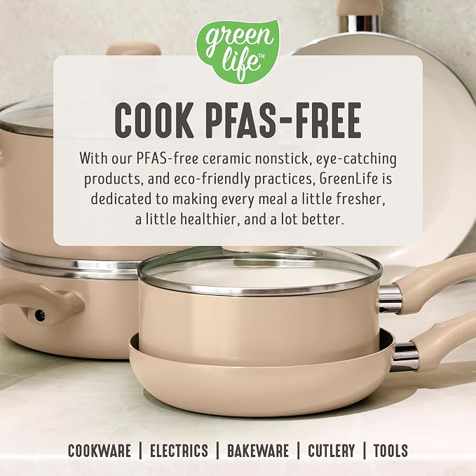 GreenLife 5QT Ceramic Nonstick Stockpot with Lid, Beige Taupe | PFAS-Free Nonstick Coating, Casserole Pot, Soup Pot, Pasta Pot, Induction Ready, All Stovetop Compatible, Dishwasher Safe