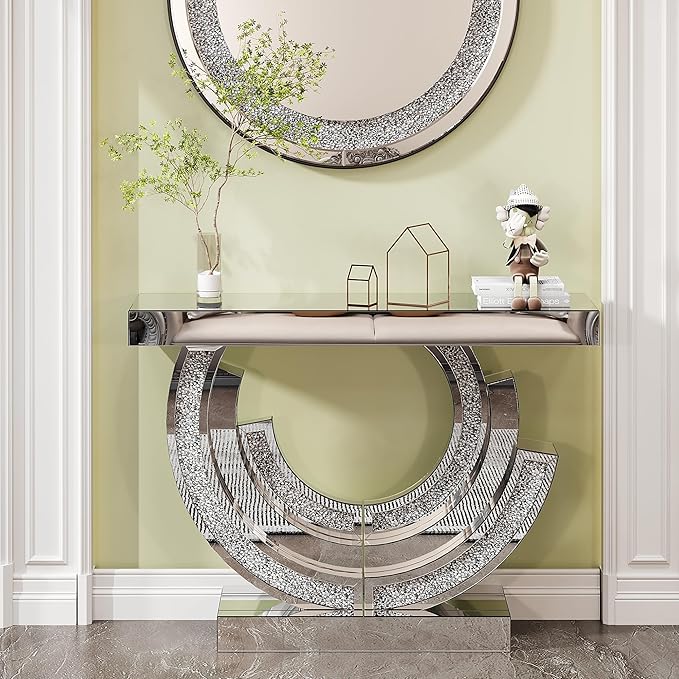 SSLine Mirror Console Table for Living Room 43" Modern Mirrored Entryway Table with Crystal 3-Ring Shape Base Luxury Silver Foyer Tables for Entryway Hallway