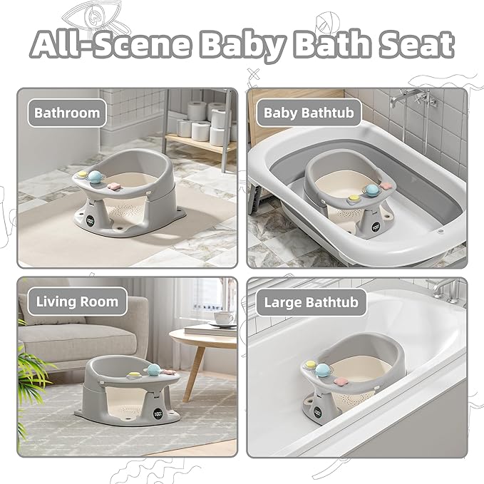 Baby Bath Seat for Babies 6 Months & up with Thermometer, Non-Slip Toddler Bath Seats for Sitting Up, Safe Infant & Newborn Bathtub Chair with 4 Suction Cups, Soft Cushion & Temperature Display, Gray