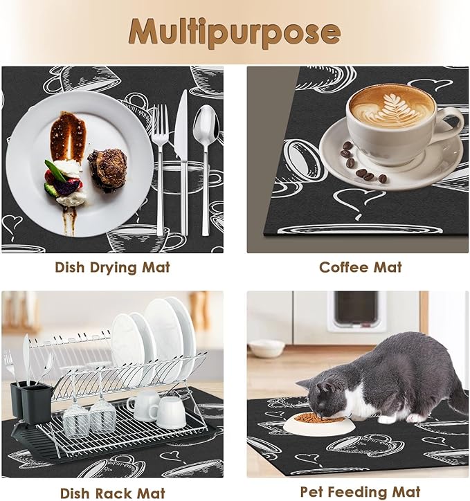 Arttown Coffee Mat for Countertops, Coffee or Tea Cups Black Dish Drying Mat 2 Pcs for Kitchen Bar Accessories, Cafe Maker Espresso Machine Dish Rack Hide Stain Rubber Backed 12x19In