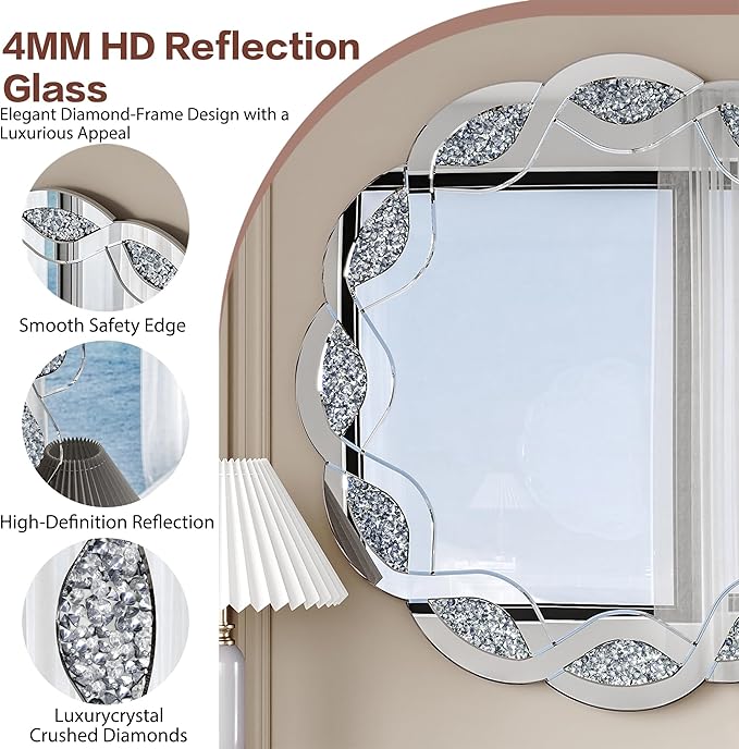 SSLine 2-Piece Set Mirrored Console Table with Wall Mirror, 55" Modern Mirror Entryway Table with Trapezoid-Shape Base, Round Crush Diamond Decor Mirror for Entryway Hallway