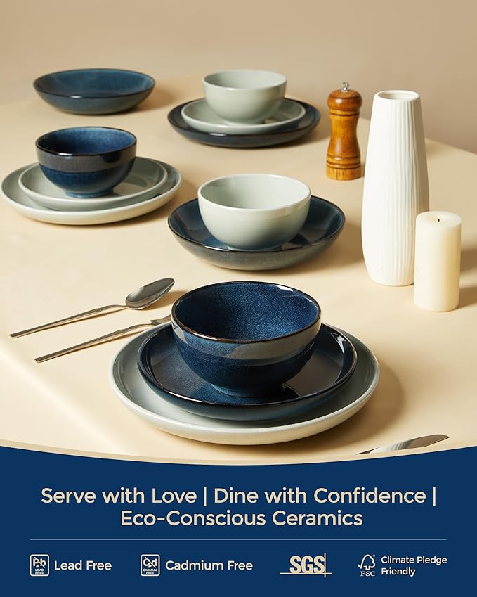 Pokini Stoneware Dinnerware Sets Service for 4, 12 pcs Reactive Glaze Plates and Bowls Sets, Handmade Ceramic Dish Set, Highly Chip and Crack Resistant Modern Plate Set, Starry Blue