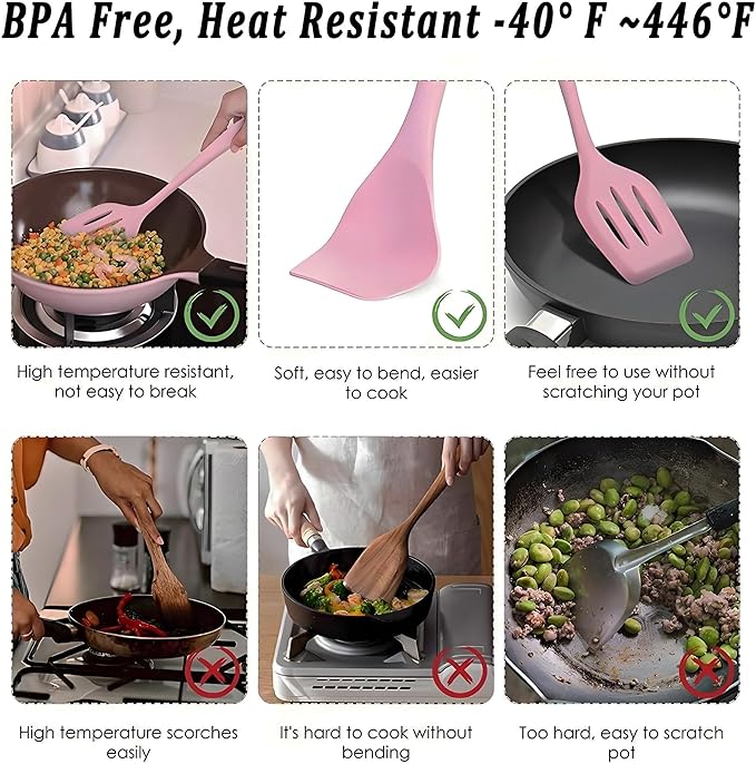 Kitchen Silicone Cooking Utensil Set with Wooden Handles Holder, Great for Cooking, Mixing, Scoop, Scrape, Non stick Heat Resistant (Pink -12pcs Sets)
