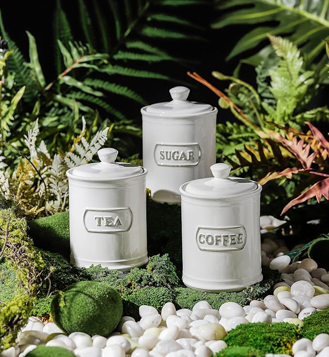 Relief Rectangle Ceramic Canisters Sets For The Kitchen Canisters For Countertop Set of 3 Airtight Coffee Canisters For Ground Coffee Sugar Container Tea Storage Jars With Lids Farmhouse Decor
