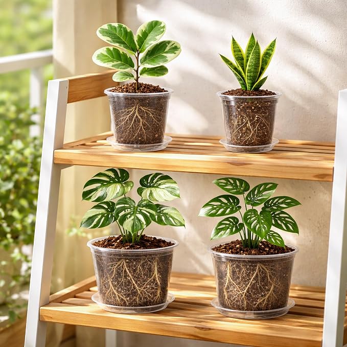 Bluepro Clear Nursery Pots with Saucers, 5/6/8/10 Inch, 12-Pack | Clear PET, 3 Each of Four Large Sizes, Drainage Holes, Root and Moisture Visibility, Indoor Plant Care, Repotting