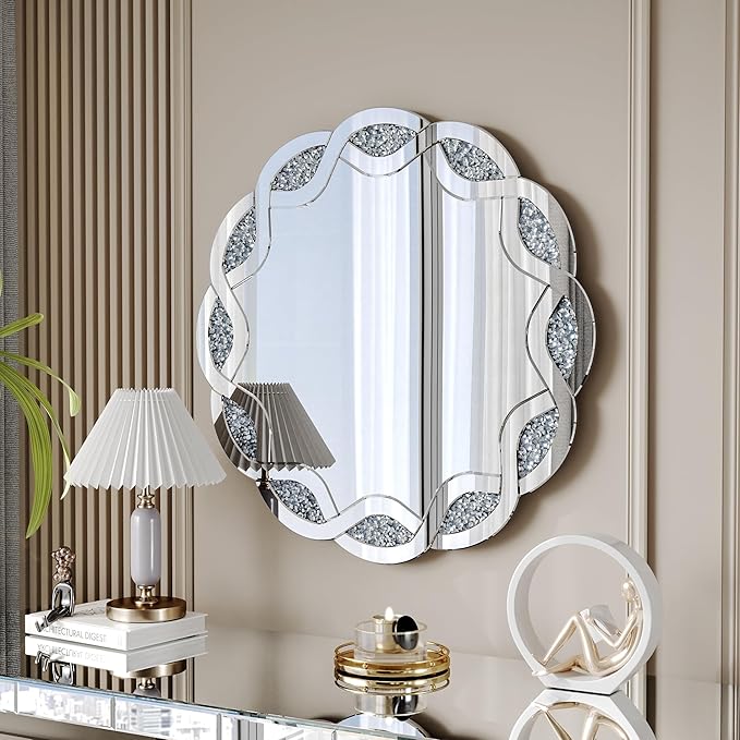SSLine 2-Piece Set Mirrored Console Table with Wall Mirror, 55" Modern Mirror Entryway Table with Hexagon-Shape Base, Round Crush Diamond Decor Mirror for Entryway Hallway
