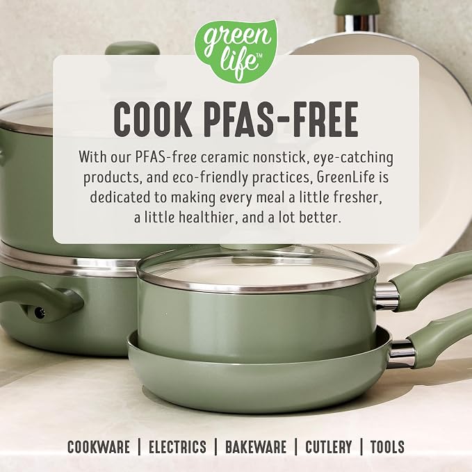GreenLife 5QT Ceramic Nonstick Stockpot with Lid, Sage Green | PFAS-Free Nonstick Coating, Casserole Pot, Soup Pot, Pasta Pot, Induction Ready, All Stovetop Compatible, Dishwasher Safe