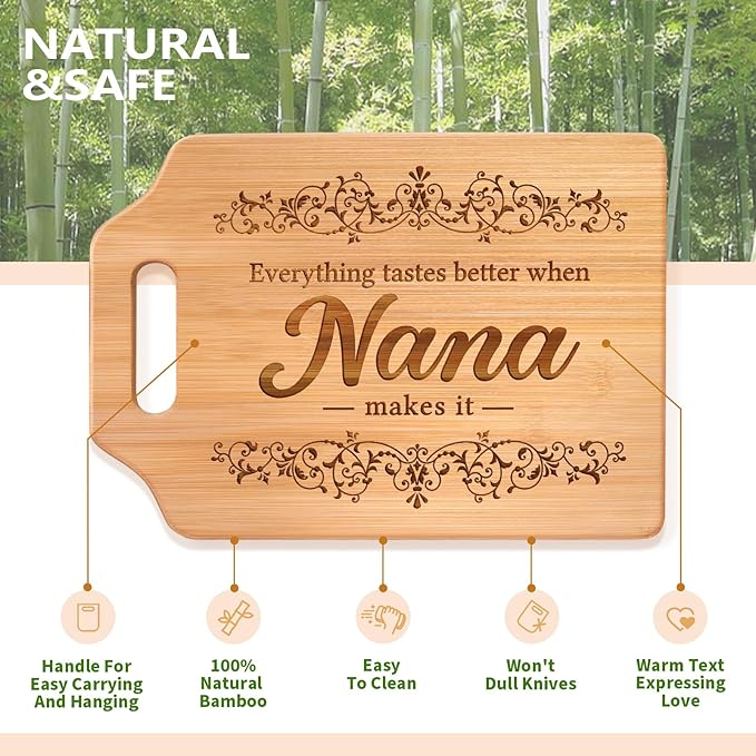 AceThrills Nana Gifts for Nana Mothers Day Gifts for Birthday, Mothers Day - Engraved Bamboo Cutting Board 13.78"L x 9.84"W x 0.4"Th