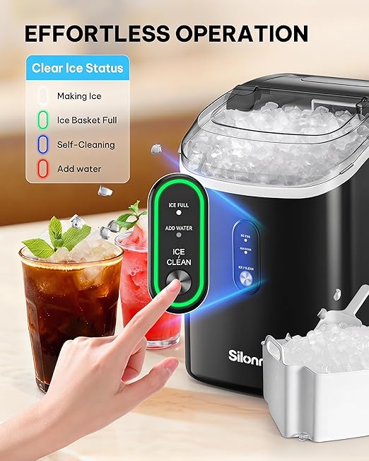 Nugget Ice Maker Countertop, Silonn Chewable Pellet Ice Machine with Self-Cleanin Function, 36lbs/24H Portable Ice Makers for Home Kitchen Officce, Black