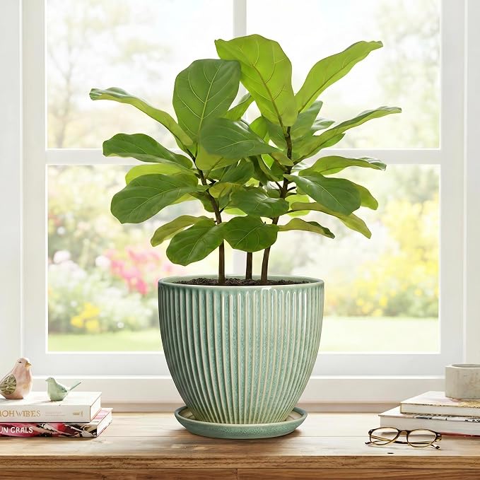 8 Inch Planter, Ceramic Plant Pots with Drainage Hole and Saucer, Decorative Pots for Plants Indoor, Ceramic Flower Pots, Round Modern Planter, Living Room Decor, House Warming Gifts, Green